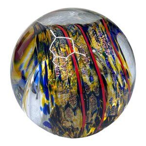 Tim Lazer Signed Dichroic Art Glass Paperweight 3 1/2" Red Blue Yellow Swirl